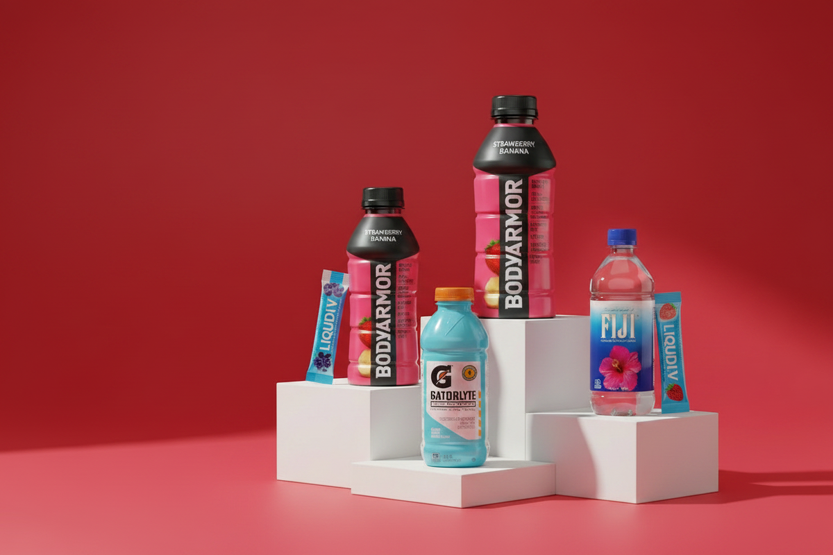 Hydration Hero - Strawberry LIV next to FIJI